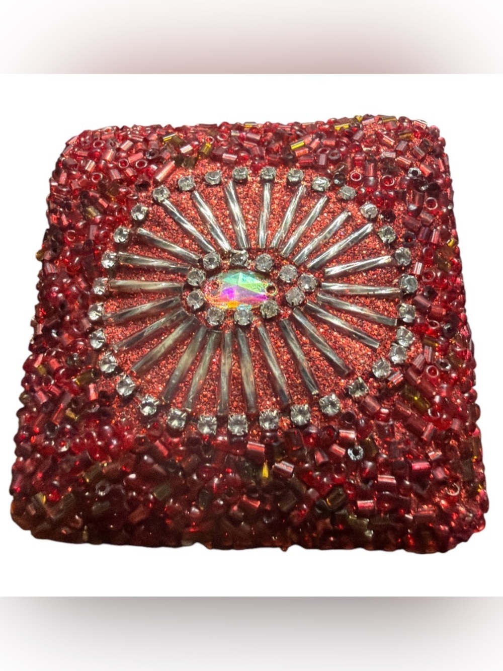 Beaded Red Embellished Metal Square Jewelry Box NWOT